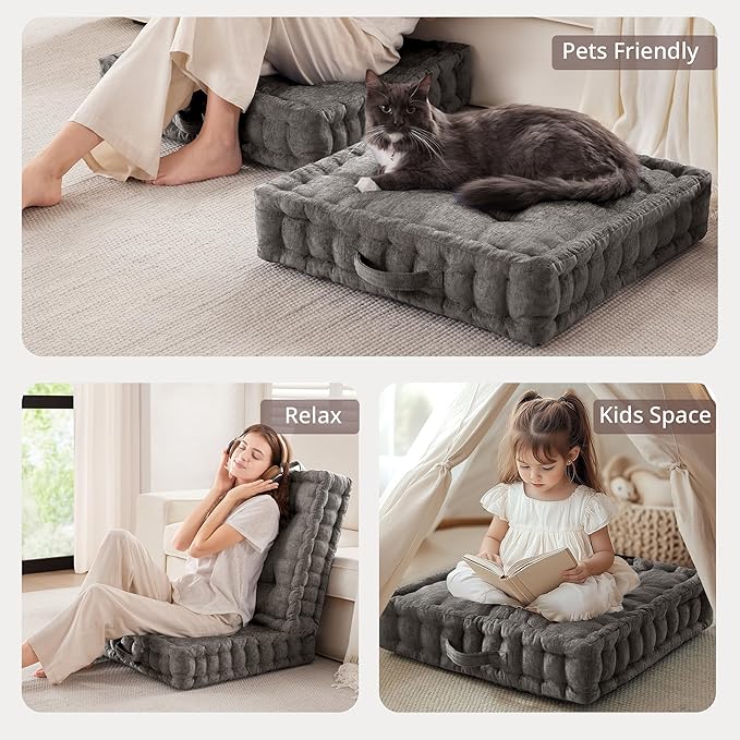 Intelligent Design Large Floor Pillow for Adults Yoga or Meditation Cushion with Handle, Floor Cushion for Board Games, Lustrous Chenille Tufted, Handsewn Scalloped Edge, Azza, 24" x 24" x 5" Charcoal