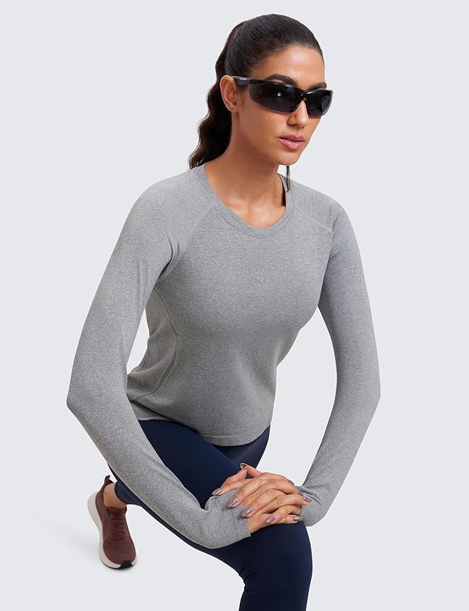 CRZ YOGA Seamless Long Sleeve Shirts for Women Waist Length - Workout Athletic Running Gym Yoga Tops Crewneck Breathable