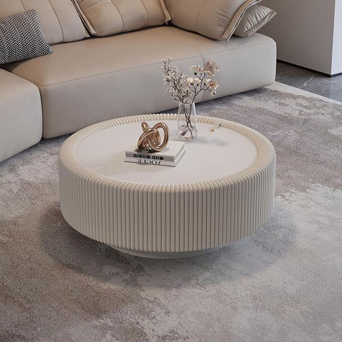 31.5" White Round Coffee Table with Storage, Tempered Glass Top PU Leather Body & Baked Enamel Base, Modern Minimalist Fluted Circle Center Tables for or Living Room, Bedroom, Apartment