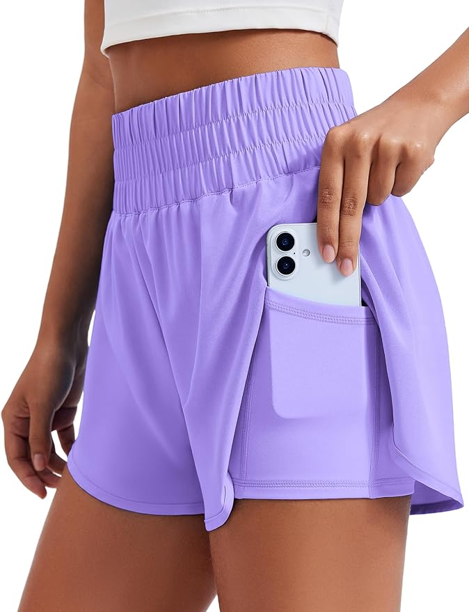 PINSPARK Women's 2 in 1 Running Shorts High-Split Athletic Short High Waisted 3" Liner Workout Gym Short with Pockets