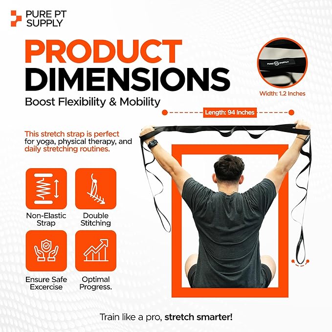 Pure PT Stretching Strap with 10 Loops – Non-Elastic - Physical Therapist-Approved Stretch strap for Stretching, Yoga, Injury Recovery & Flexibility | Premium Yoga Strap - Expert Workouts Included
