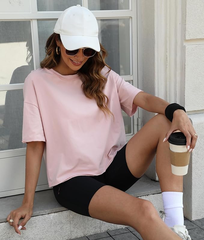 XIEERDUO Cotton Tshirts for Women Drop Shoulder Round Neck Oversized Crop Tops Workout Tops Tees