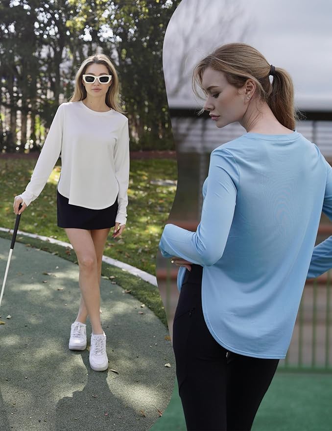 PINSPARK 2 Pack Long Sleeve Workout Tops for Women UV Protection Soft Workout Tops Lightweight Athletic Running Hiking Shirt