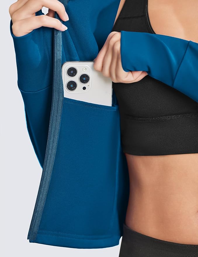 PINSPARK Women Cropped Workout Jackets Full Zip Slim Fit Athletic Jackets Thumb Holes Running Jacket with Zipper Pockets
