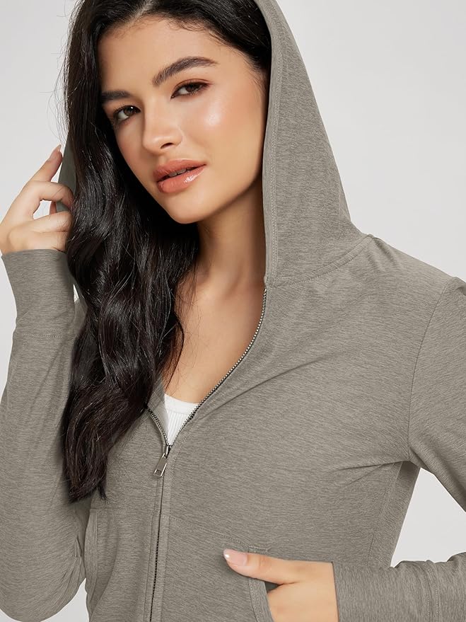 ODODOS Women's Full-Zip Cropped Hoodie - odSTRATUM Tech Ultra Soft UPF 50+ Hooded Jacket with Pockets