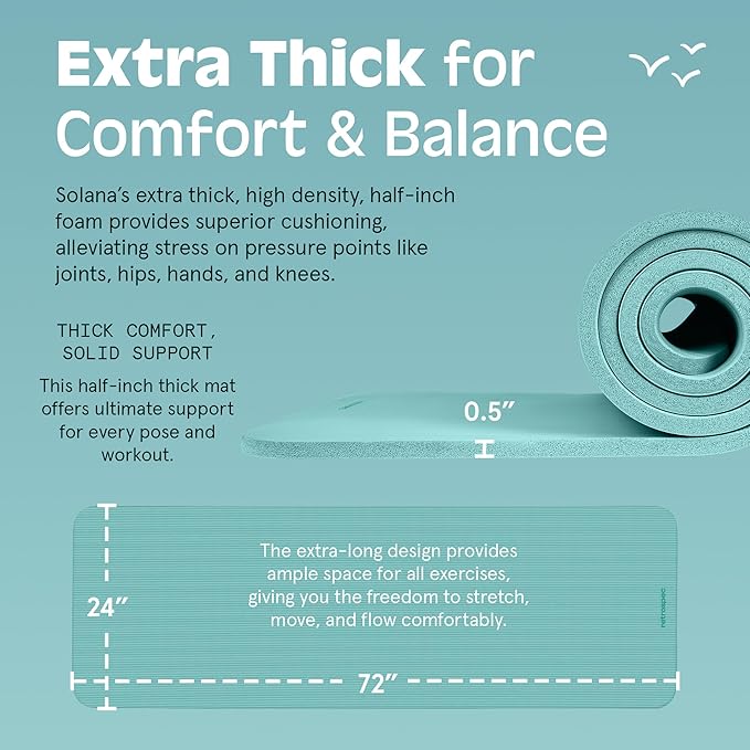 Retrospec Solana Yoga Mat Thick 1/2in Non-Slip Workout Mat with Nylon Strap - 72x24in Exercise Mat for Pilates, Stretching & Fitness - BPA Free, Easy Clean