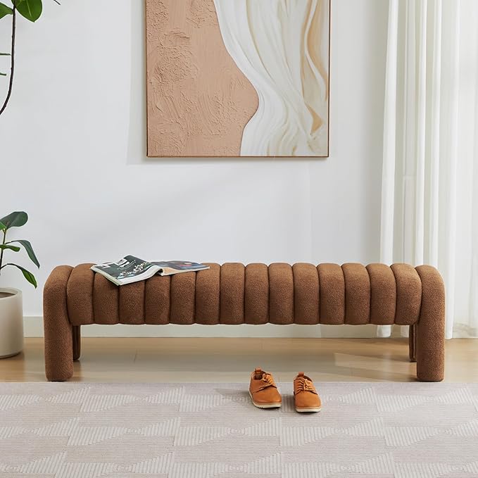 63" Upholstered Boucle Bench Bedroom, Padded King Size Long Ottoman Bench, Sherpa Window Seat for Living Room, Entryway, End of Bed, Rust Brown