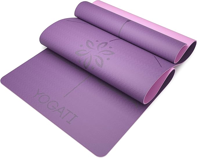 YOGATI® Yoga Mat with Strap with Alignment Lines. Home Workout Mat for Women, Men and Kids. Thick Non Slip Yoga Mat for Pilates and Fitness. Brown, Pink and Purple Yoga Mats
