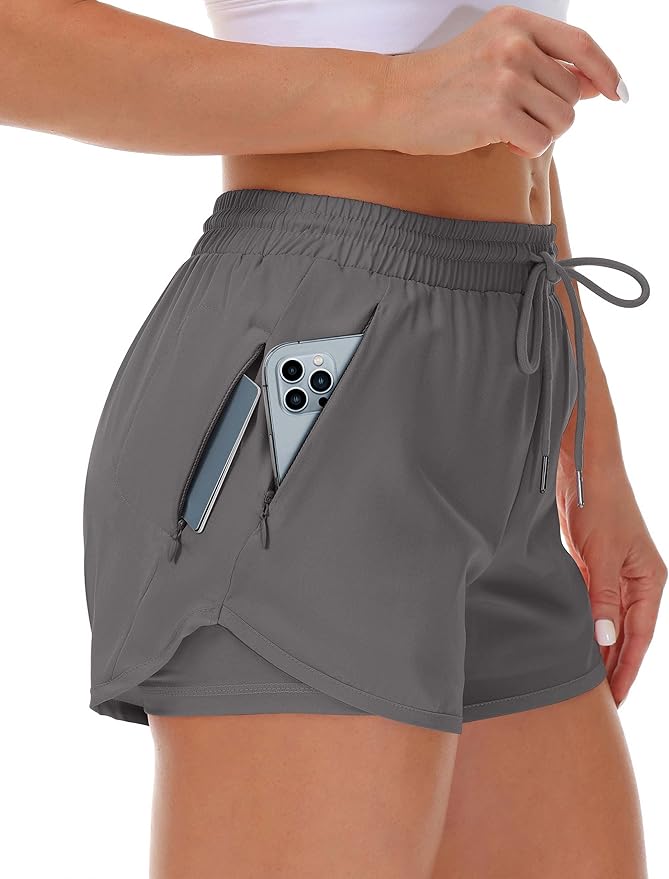 Mancreda Women's Running Shorts with Liner 3 Zipper Pockets Elastic Workout Athletic Gym Yoga Shorts