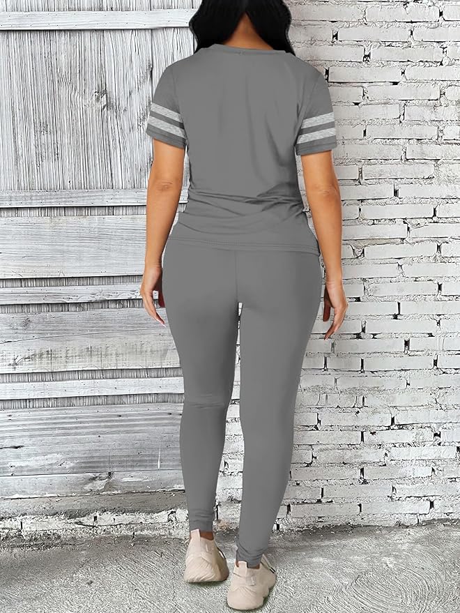 Two Piece Sets for Women Summer Short Sleeve Striped Crewneck Slim Fit Active Casual Sweatsuits