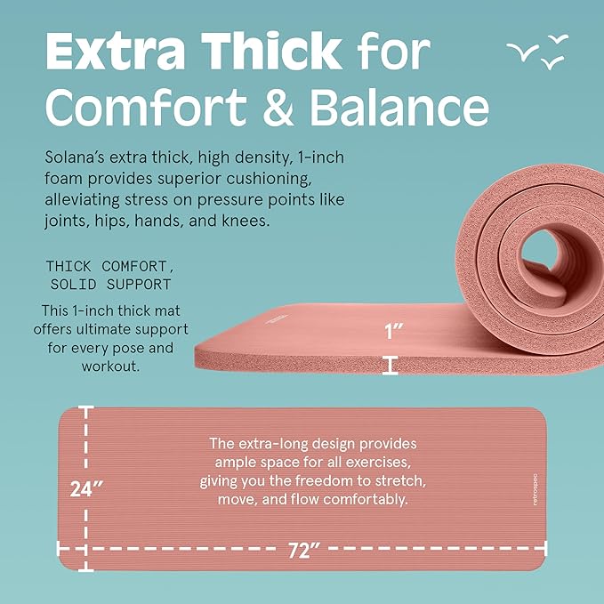 Retrospec Solana Yoga Mat 1" Thick w/Nylon Strap for Men & Women - Non Slip Exercise Mat for Home Yoga, Pilates, Stretching, Floor & Fitness Workouts