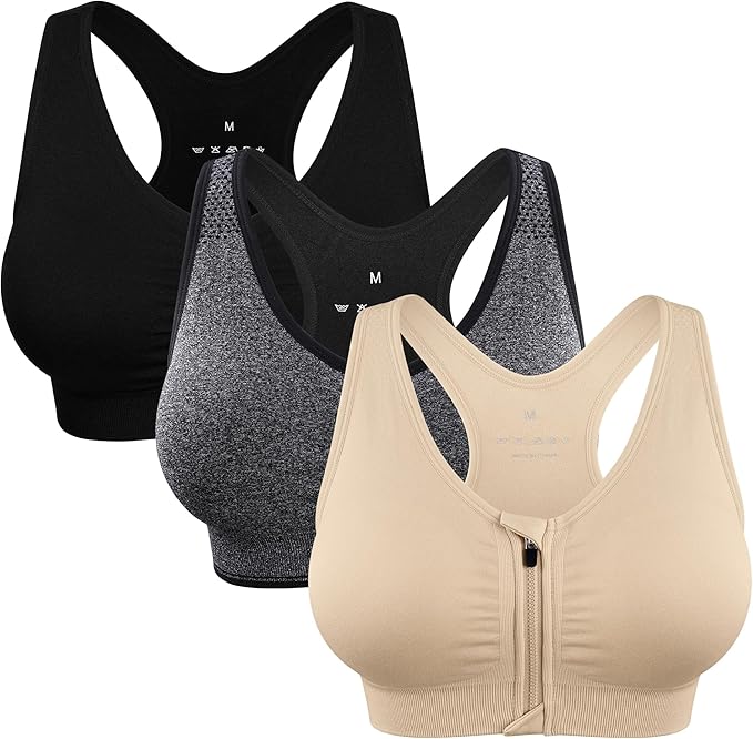 Women's Zip Front Sports Bra Wireless Post-Surgery Bra Active Yoga Sports Bras