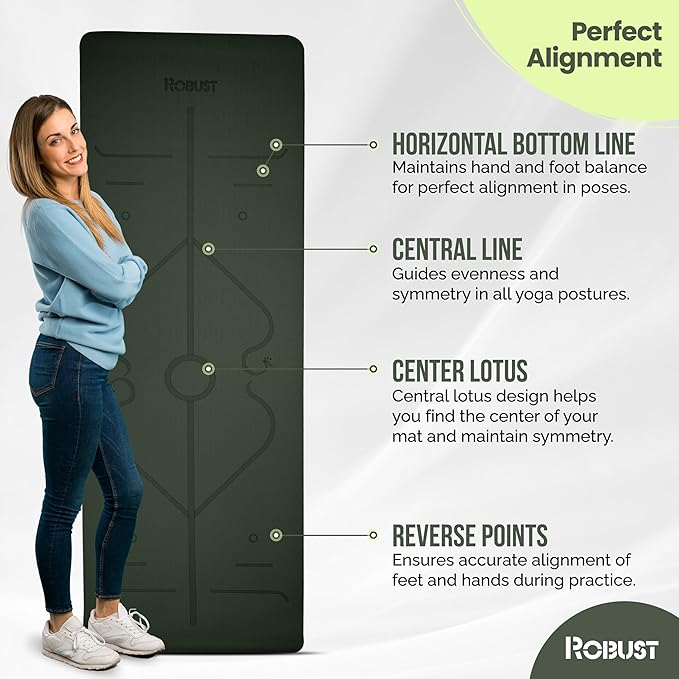 Robust Extra Thick Yoga Mat 1/4 & 1/3 & 2/5 Inch - Non Slip Exercise Mat with Alignment Lines, Carrying Strap, TPE Eco-Friendly Material for Knee Support, Sweat-Proof 72" x 24" for Women & Men