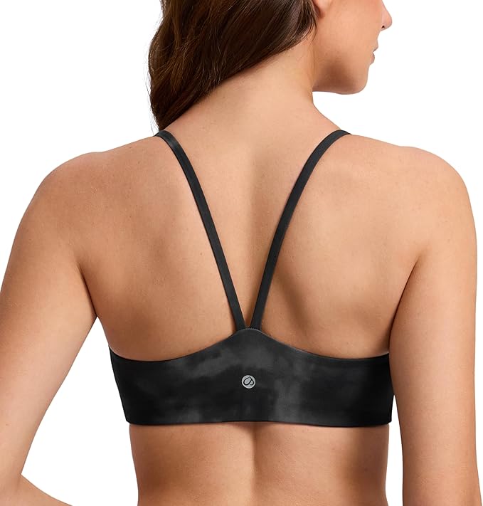 CRZ YOGA Butterlift Double Lined V Back Sports Bras for Women - Scoop Neck Spaghetti Strap Wireless Yoga Top Non Padded
