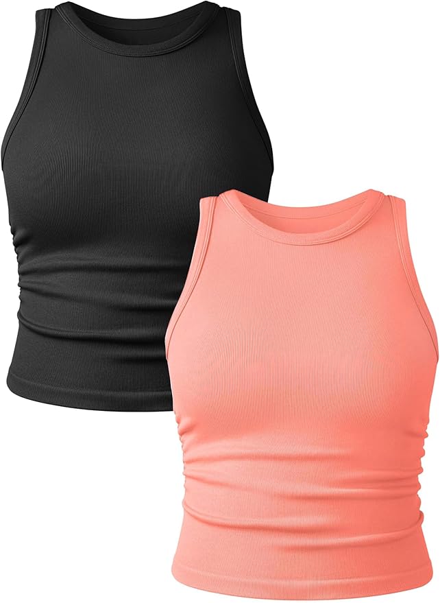 YIOIOIO Women's 2 Pieces Basic Seamless Tank Tops Sleeveless Crew Neck Workout Exercise Crop Camis