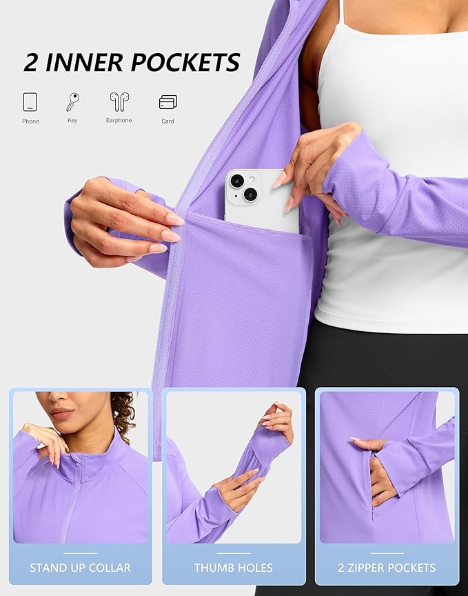 G Gradual Women's Lightweight Athletic Jacket Sun Protection UPF 50+ Zip Up 4 Pockets Long Sleeve Shirts Workout Running