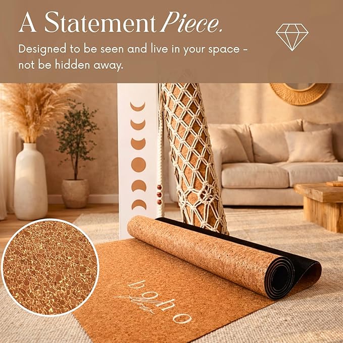 Deluxe Cork Yoga Mat – Gold, Coffee or Vegan Leather Cork Surface & Natural Rubber Base – Premium Natural & Eco Friendly Materials – Includes Signature Handmade Boho Bag