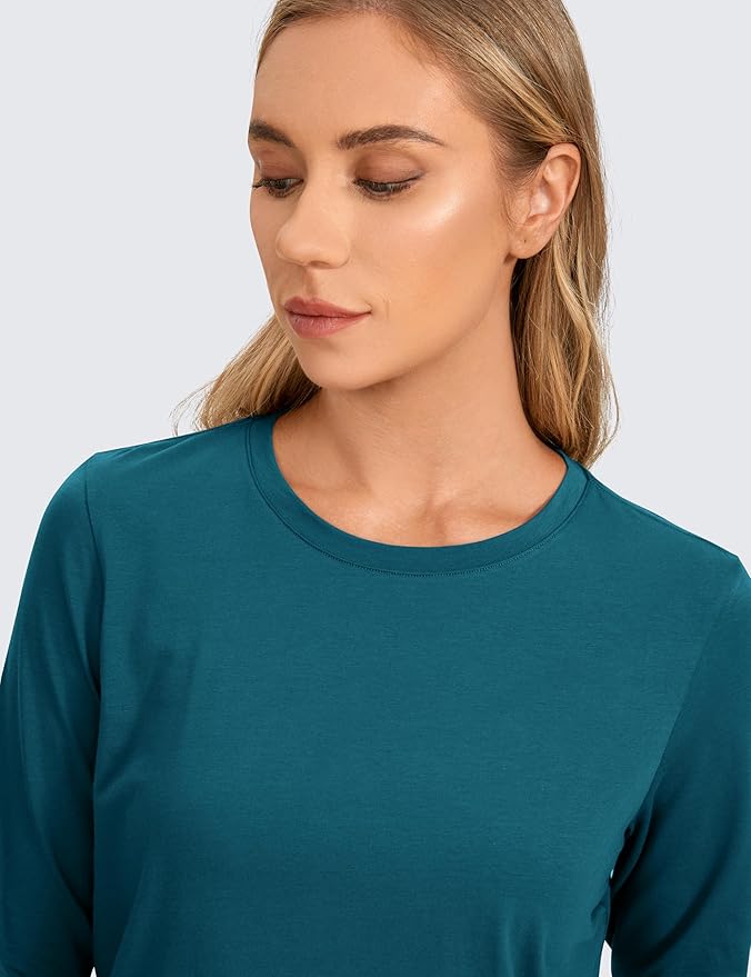 CRZ YOGA Pima Cotton Crewneck Long Sleeve Shirts for Women - Workout Athletic Yoga Casual Tops Soft Plain T-Shirt
