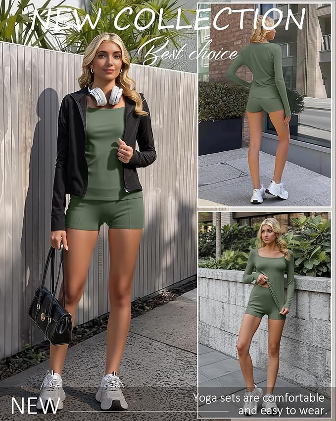 Women Workout Sets 2 Piece Yoga Square Neck Long Sleeve Top Athletic Seamless Short Pockets Sport Gym Run Outfits