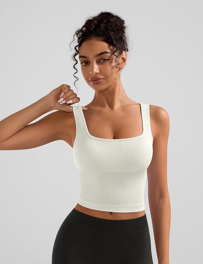 OLCHEE Womens 3 Pack Crop Tank Tops Basic Seamless Ribbed Sleeveless Square Neck Workout Top Summer Exercise Yoga Gym Shirts