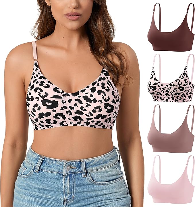 DEANGELMON V Neck Bra Padded Seamless Adjustable Straps Bralettes Everyday Basic Sleeping Bras Multiple Pack