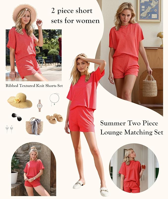 MARZXIN Women 2 Piece Shorts Set 2026 Casual Summer Cruise Outfits Ribbed Loose Short Sleeve Pocket Matching Lounge Sets