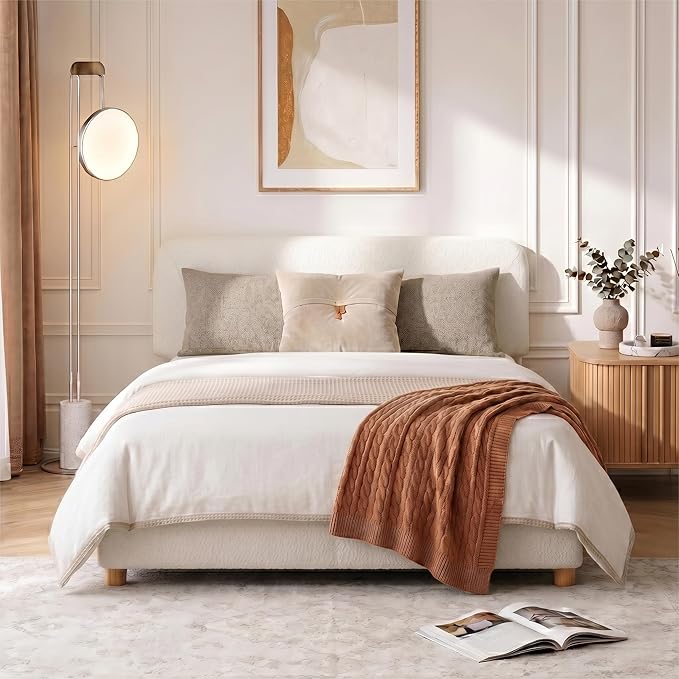 Full Size Cloud Bed Frame, Upholstered Boucle Bed Frame with Adjustable Headboard, Solid Wood Legs, Rounded Corners Design & Easy Assembly – Modern Platform Bed,Cream