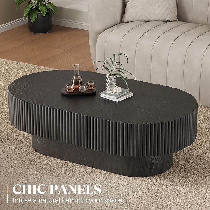YOUDENOVA 43.7” Oval Coffee Table, Modern Wood Fluted Coffee Table for Living Room, Veneer Handcrafted Relief Center Table with Sturdy Pedestal，Easy Assembly - Black