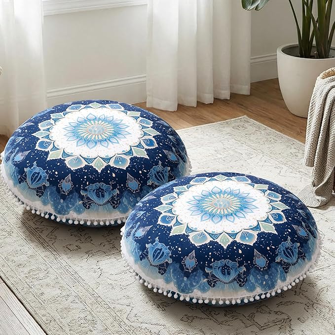 Meditation Cushion Set of 2, 32 Inch Extra Thick Memory Foam Round Floor Pillow with Removable Washable Cover, Bohemian Mandala Yoga Cushion for Adults - Ideal Holiday Decor, Green