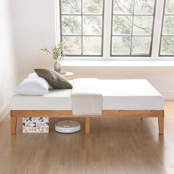 Mellow Naturalista Classic 12 Inch Solid Wood Platform Bed with Wooden Slats, Cal King, Natural Pine