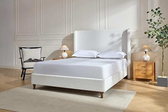 Upholstered Bed Frame King Size, 54" Tall Headboard Wingback Upholstered Platform Bed Frame for Adults Bedroom Strong Wood Slats Support/No Box Spring Needed/Easy Assembly, Cream White