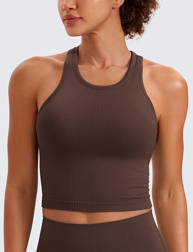 CRZ YOGA Seamless Ribbed High Neck Crop Tank Tops for Women - Longline Racerback Padded Sports Bras