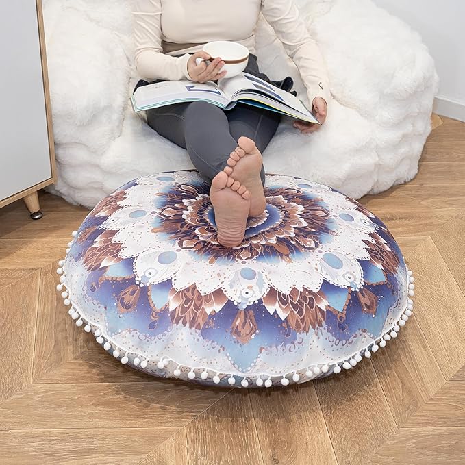 Meditation Cushion 32 Inch Round, Extra Thick Memory Foam Floor Pillow with Removable Washable Cover, Bohemian Mandala Yoga Cushion for Adults - Ideal Gift & Holiday Decor, Azure