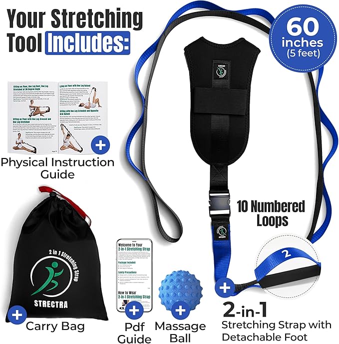 Stretch Strap with Loops Physical Therapy - Full Body Exercise Straps for Stretching with Detachable Foot - Leg & Calf Stretcher for Plantar Fasciitis, Physical Therapy, Pain Relief, and Flexibility