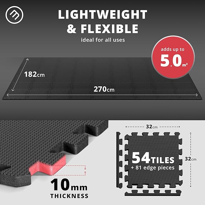 bemaxx Gym Mats Set - 54 pcs EVA Interlocking Foam Floor Tiles (12.6"x12.6"x0.4") 54sqft Protective Gym Flooring Sports Home Workout Exercise Mats Puzzle Garage Fitness Play-Room Pool Treadmill Bike