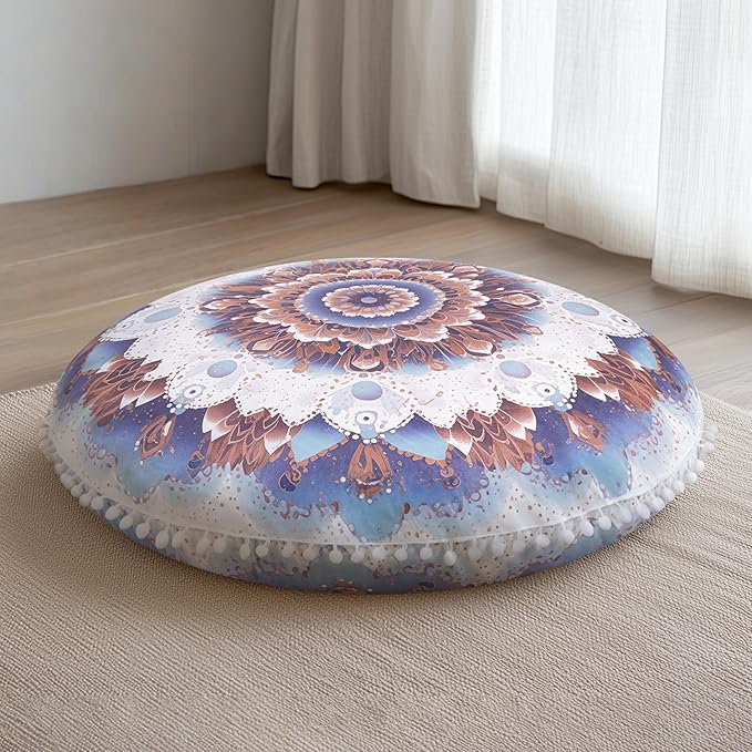 Meditation Cushion 32 Inch Round, Extra Thick Memory Foam Floor Pillow with Removable Washable Cover, Bohemian Mandala Yoga Cushion for Adults - Ideal Gift & Holiday Decor, Azure