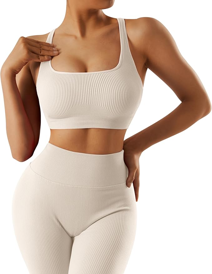 RXRXCOCO Ribbed Workout Sets for Women 2 Piece Backless Strappy Sports Bra Seamless Leggings Matching Set Yoga Outfits