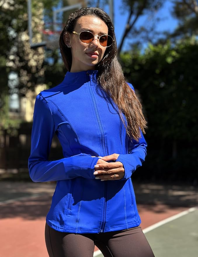 PINSPARK Women's Athletic Jackets Slim Fit Workout Jacket Full Zip Up Running Gym Yoga Sports Tops with Pockets