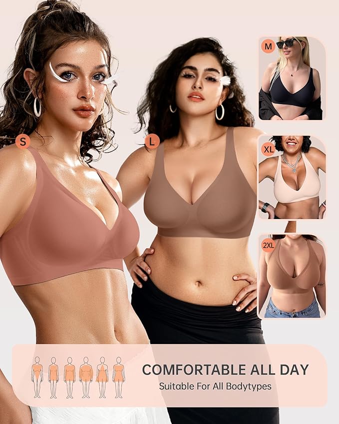 OEAK Womens Deep V Bras Wireless Comfortable Bra Supportive No Underwire Bras Tshirt Push Up Bralettes Plunge Seamless Bra