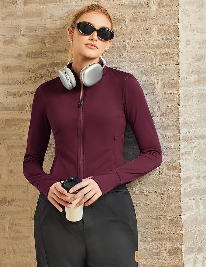 PINSPARK Women Cropped Workout Jackets Full Zip Slim Fit Athletic Jackets Thumb Holes Running Jacket with Zipper Pockets