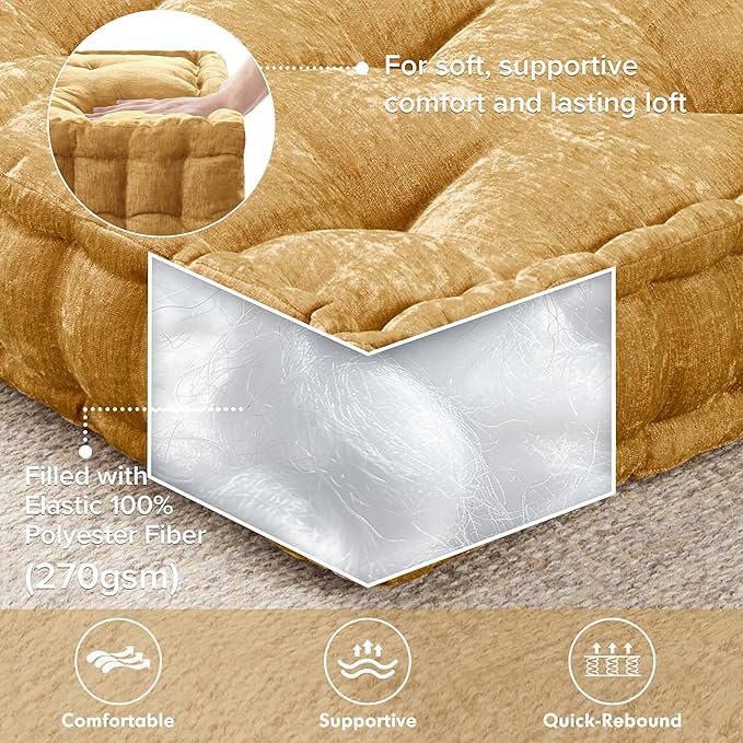 Intelligent Design Azza Floor Pillow, Large Cushions Sitting for Adults, Floor Pillow for Meditation or Yoga, Lustrous Chenille Tufted with Scalloped Edges for Bench/Chair Cushion, 20"x20"x5" Yellow