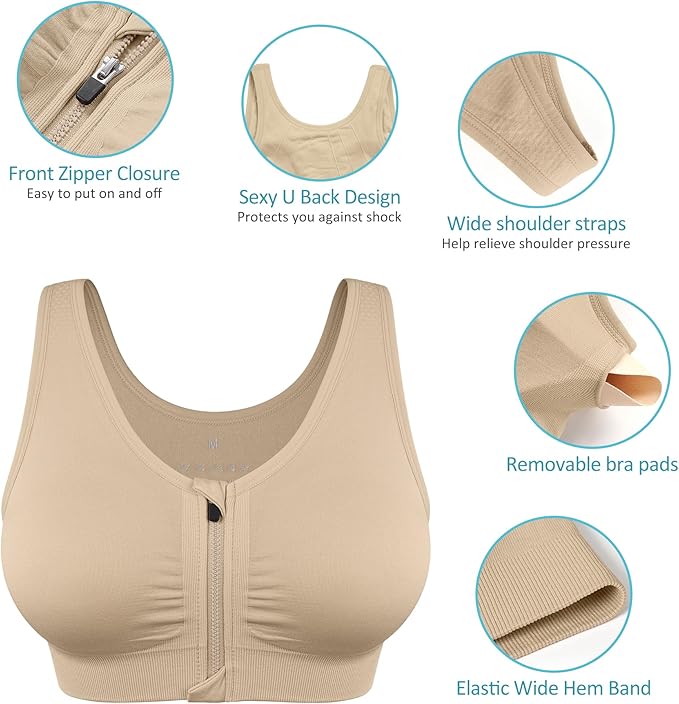 Women's Zip Front Sports Bra Wireless Post-Surgery Bra Active Yoga Sports Bras