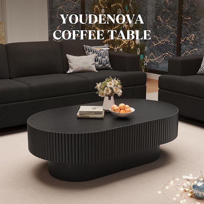 YOUDENOVA 43.7” Oval Coffee Table, Modern Wood Fluted Coffee Table for Living Room, Veneer Handcrafted Relief Center Table with Sturdy Pedestal，Easy Assembly - Black