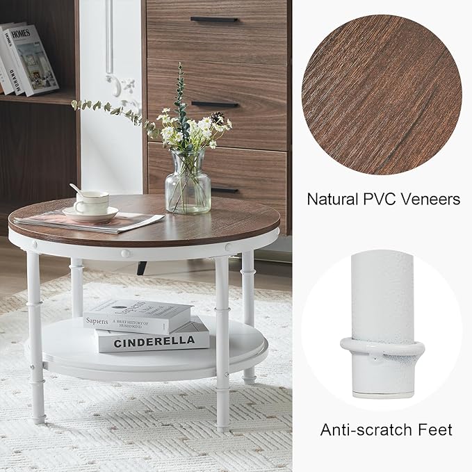 VINGLI 25.6" Rustic Oak White Round Farmhouse Coffee Table, 2-Tier Storage Wood Center Circle Accent Table for Living Room, Bedroom, Apartment, Studio and Small Spaces, Sturdy Metal Frame