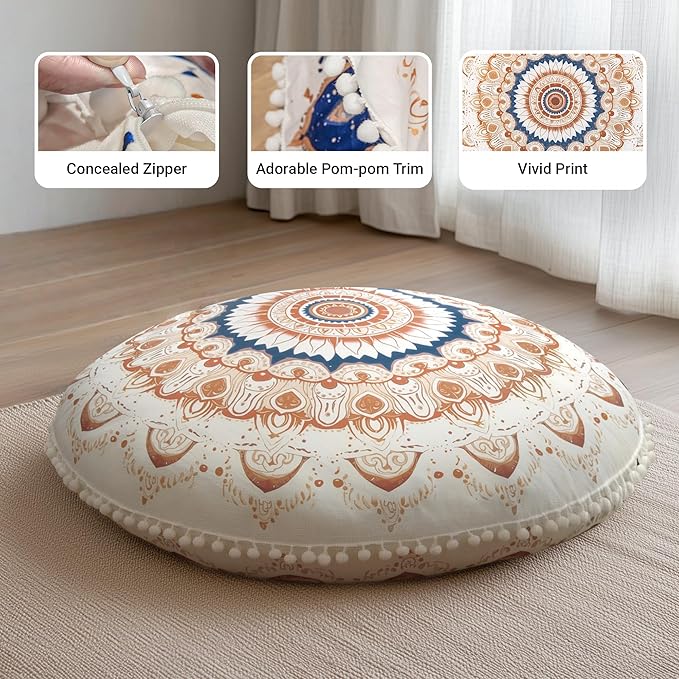 Meditation Cushion Set of 2, 32 Inch Extra Thick Memory Foam Round Floor Pillow with Removable Washable Cover, Bohemian Mandala Yoga Cushion for Adults - Ideal Holiday Decor, Brown