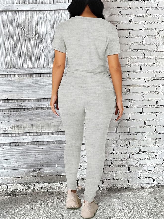 Women's 2 Piece Outfits Sweatsuit Summer Workout Striped Short Sleeve Long Sweatpants Casual Jogging Lounge Set