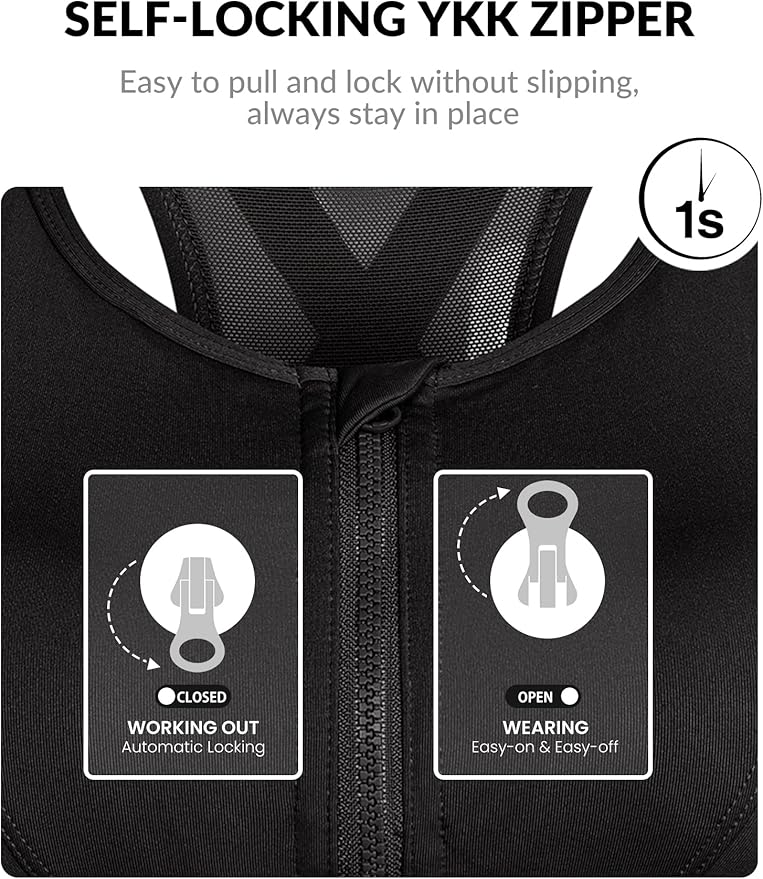 Yvette High Impact Zip Front Sports Bra Mesh Racerback Workout High Support Sports Bras for Women Large Breasts