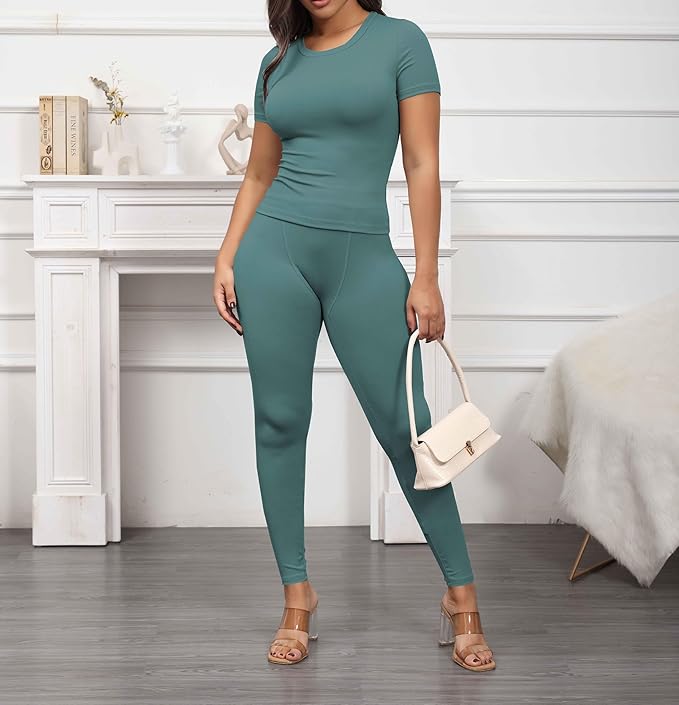 PINSV 2 Piece Sets for Women Summer Casual Jogger Workout Outfits Fitted Crew Neck T-shirt High Waist Legging Sets