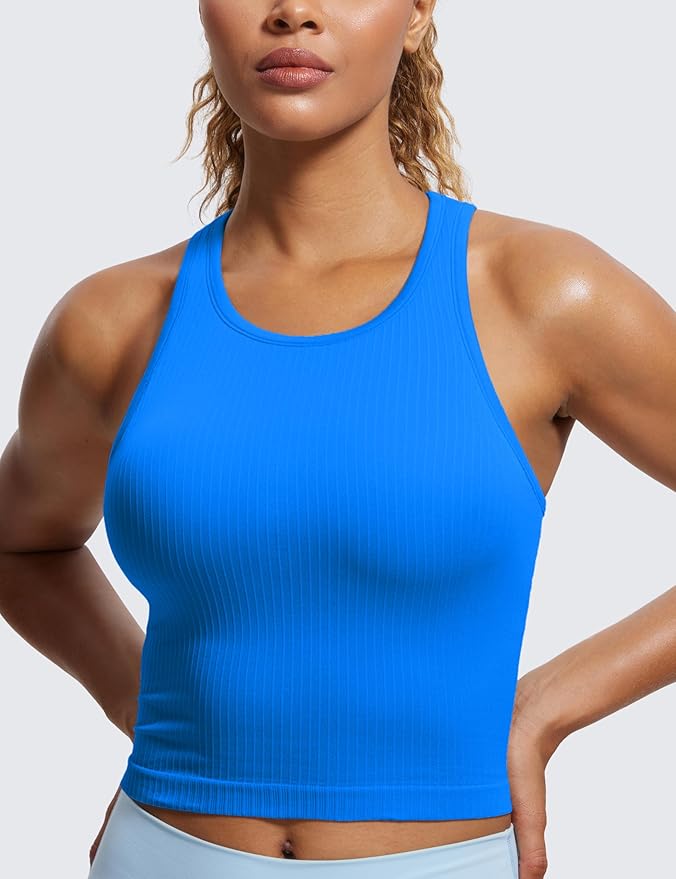 CRZ YOGA Seamless Ribbed High Neck Crop Tank Tops for Women - Longline Racerback Padded Sports Bras