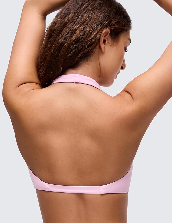 CRZ YOGA Butterluxe Double Lined Twist Halter Sports Bras for Women - Deep V Neck Crop Top Casual Open Back Non Padded